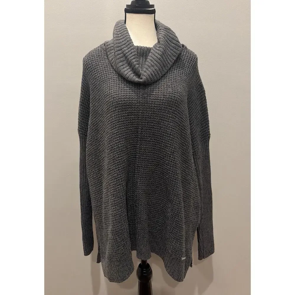 Michael Kors Cowl Neck Sweater Womens Large Gray Waffle Knit Tunic Cozy